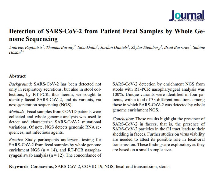 Detection of SARS-CoV-2 from patient fecal samples