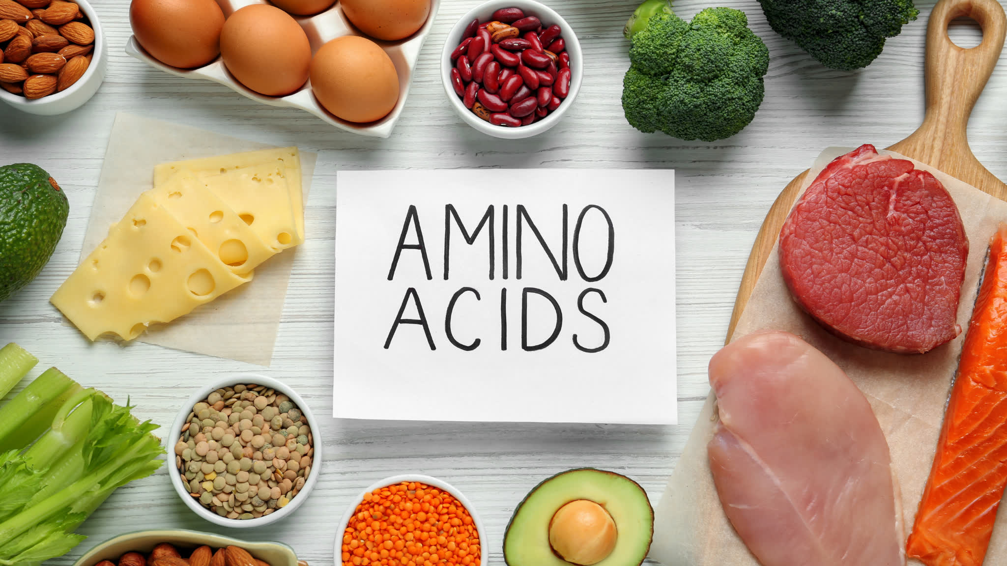 Amino acid rich foods including meat, eggs, legumes, and seeds