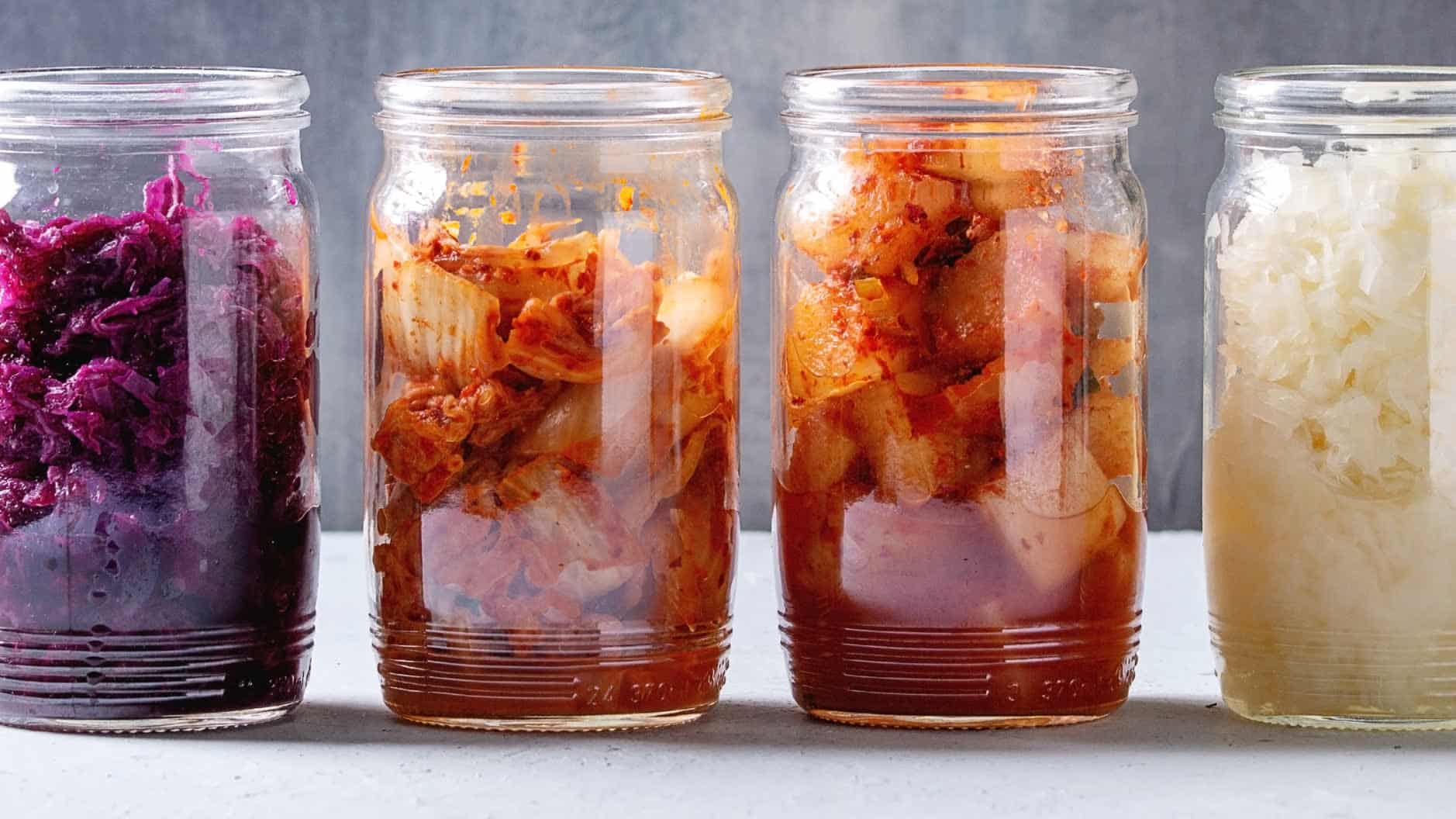 fermented vegetables Jars of fermented vegetables, a natural source of probiotics