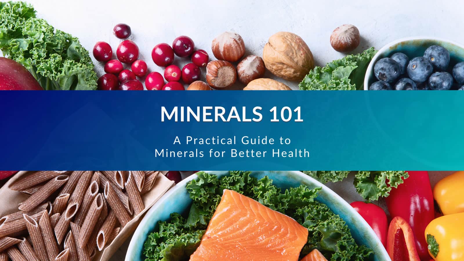 Colorful array of mineral-rich foods including seafood, nuts, seeds, cheese, and fresh produce