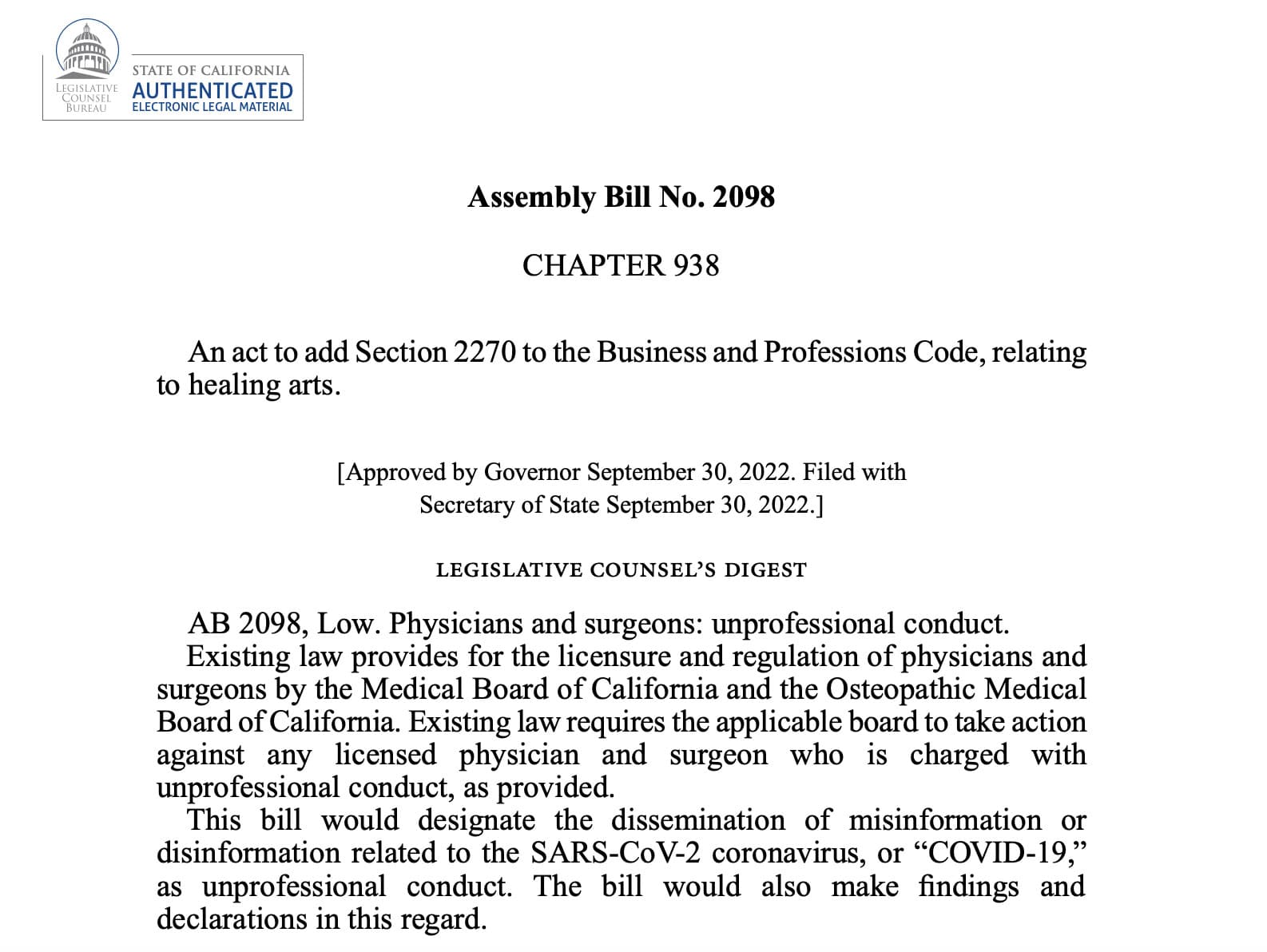 California Assembly Bill 2098 text